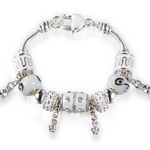 18cm Charm Bracelet with 13 Assorted Pandora Style White and Silver Charms